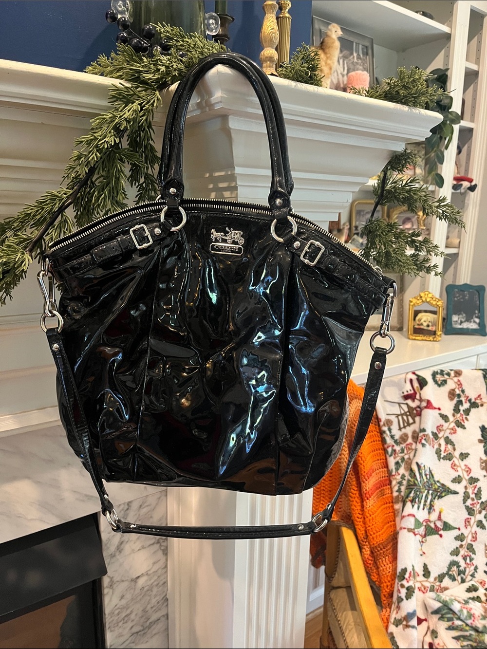 Coach Black Patent Leather Shoulder Bag with Detachable Strap